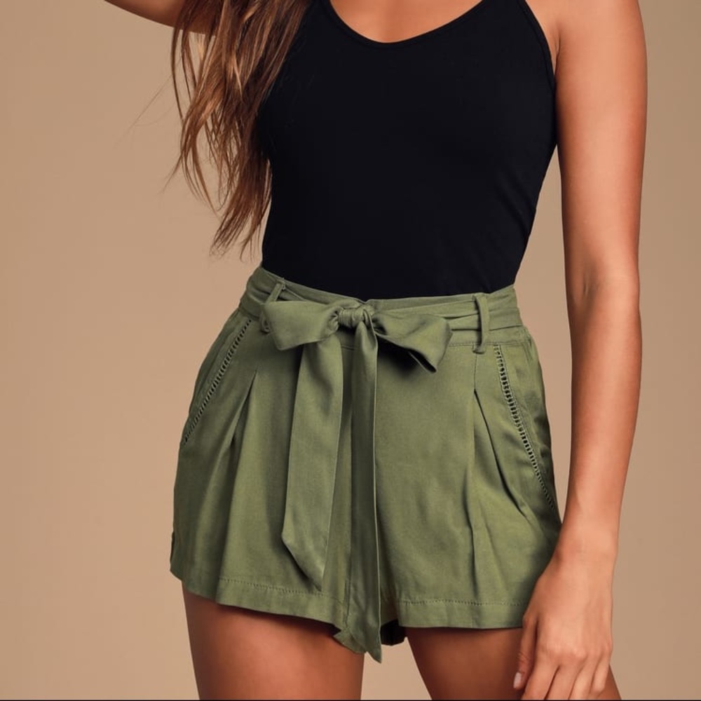 Olive Green Belted Shorts